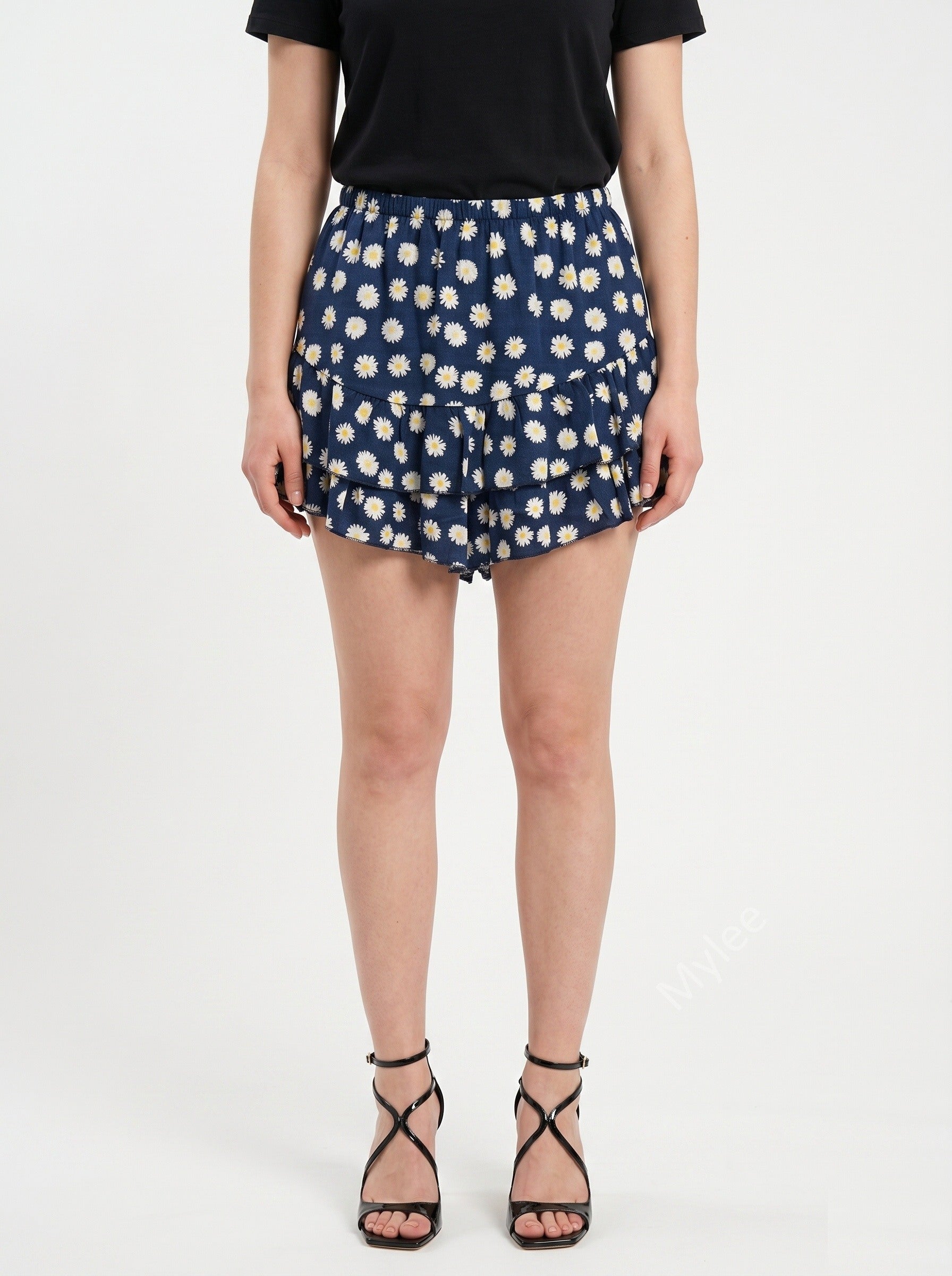 Floral Ruffle Culotte Shorts Navy