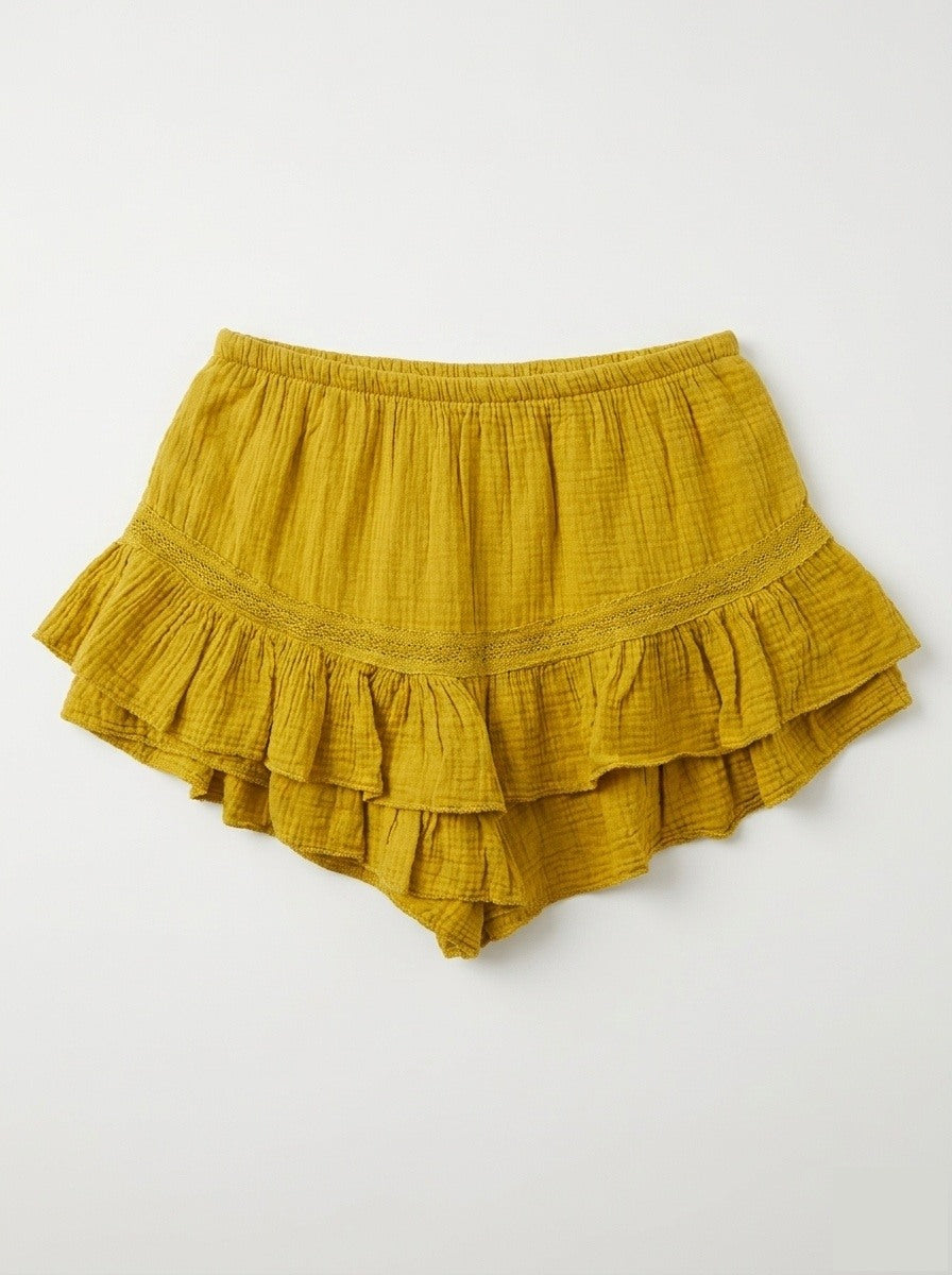 Ruffled Cotton Gauze Culotte Shorts Mustard
