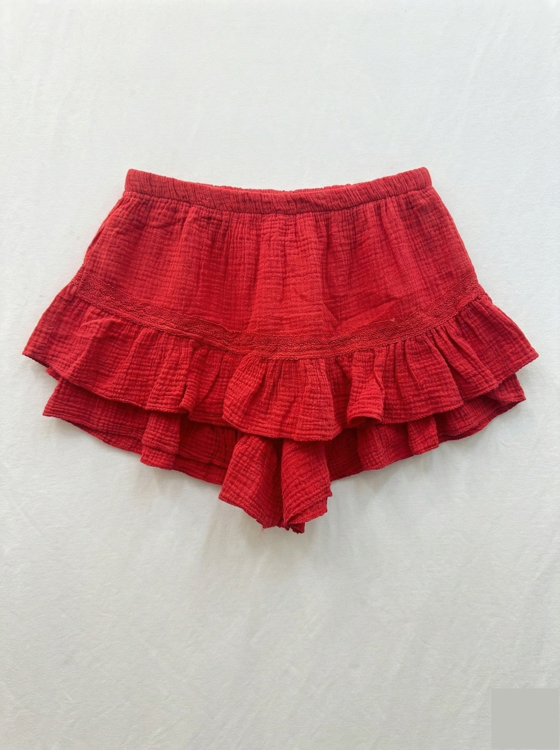 Ruffled Cotton Gauze Culotte Shorts Red