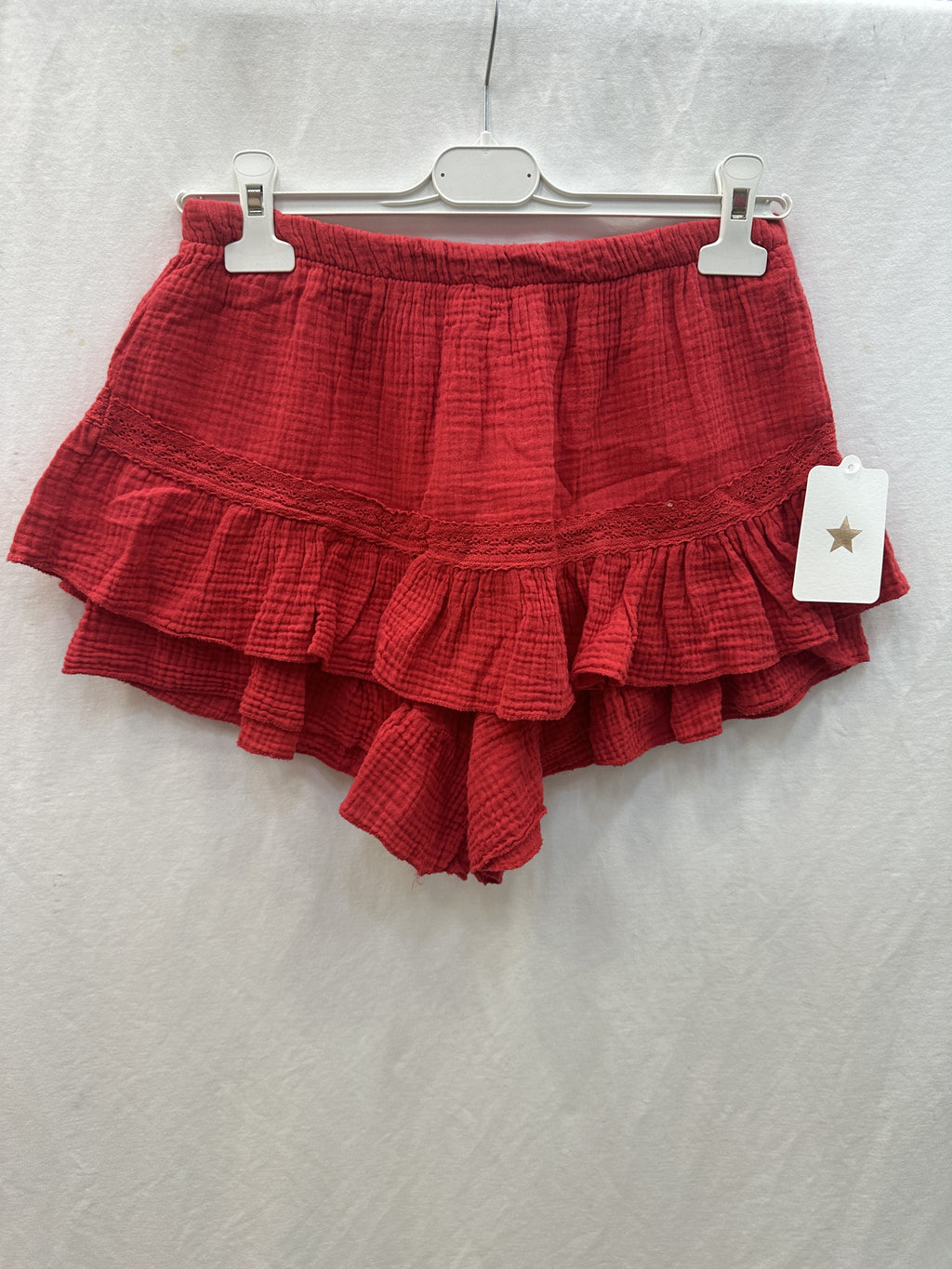 Ruffled Cotton Gauze Culotte Shorts Red