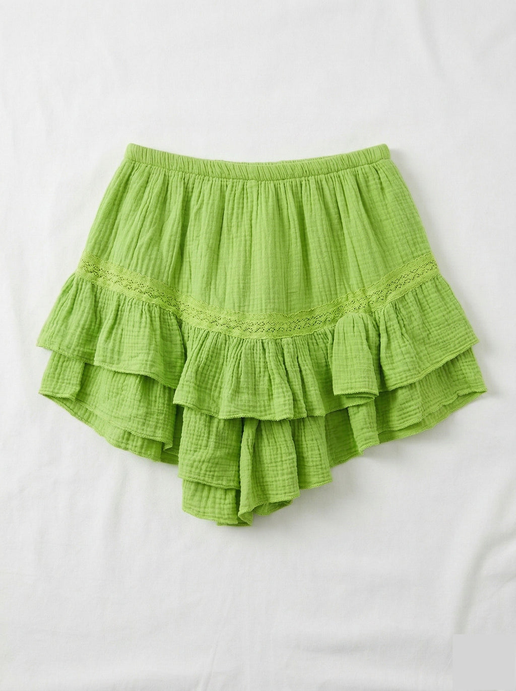 Ruffled Cotton Gauze Culotte Shorts Lime Green