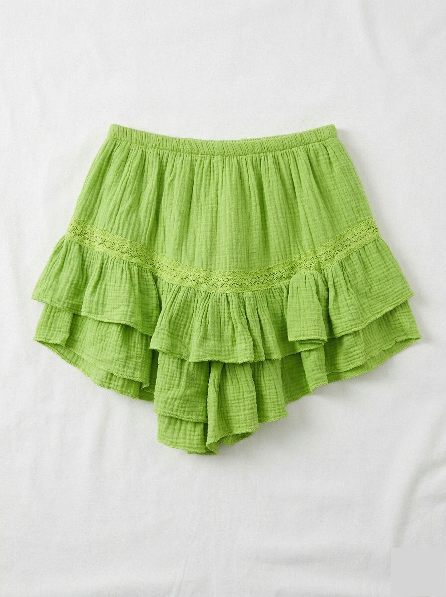Ruffled Cotton Gauze Culotte Shorts Lime Green
