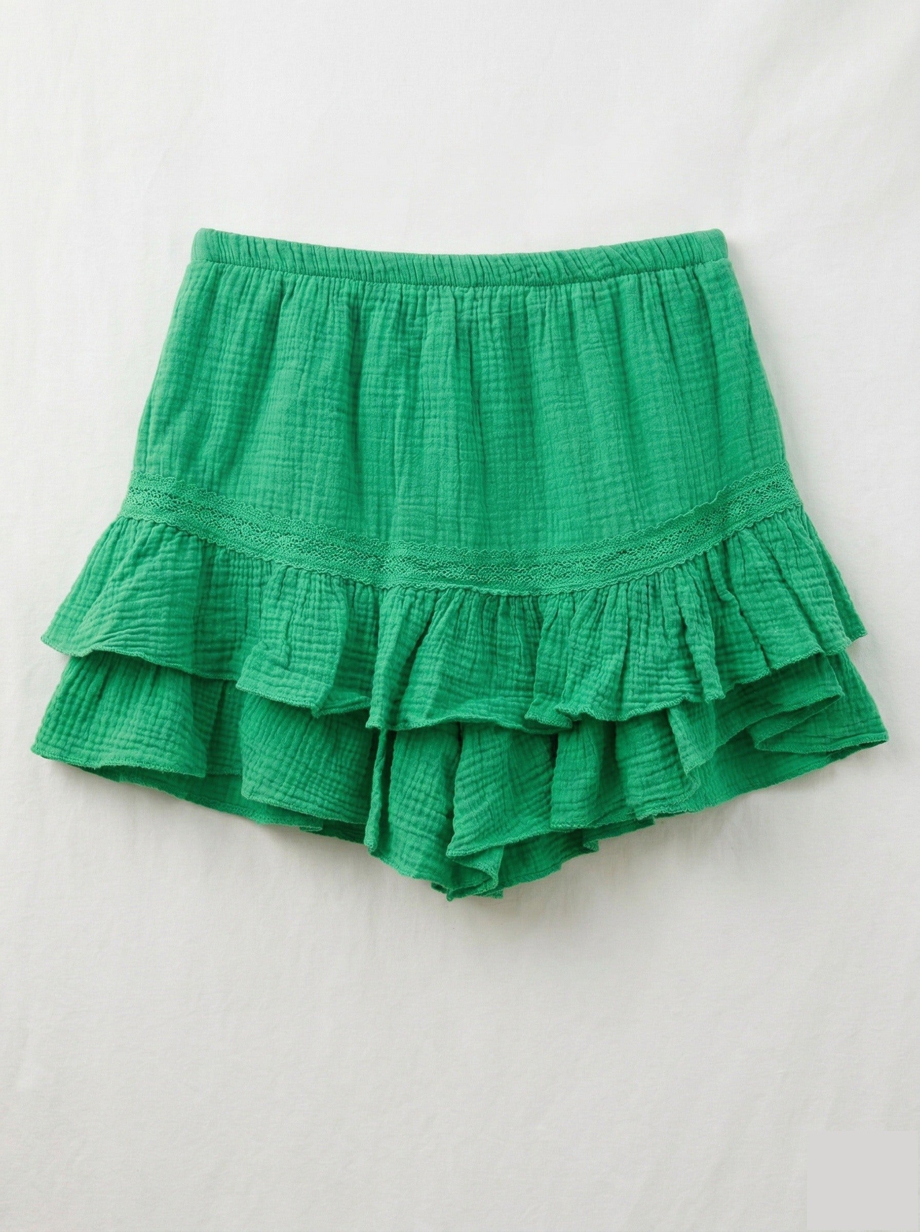 Ruffled Cotton Gauze Culotte Shorts Green