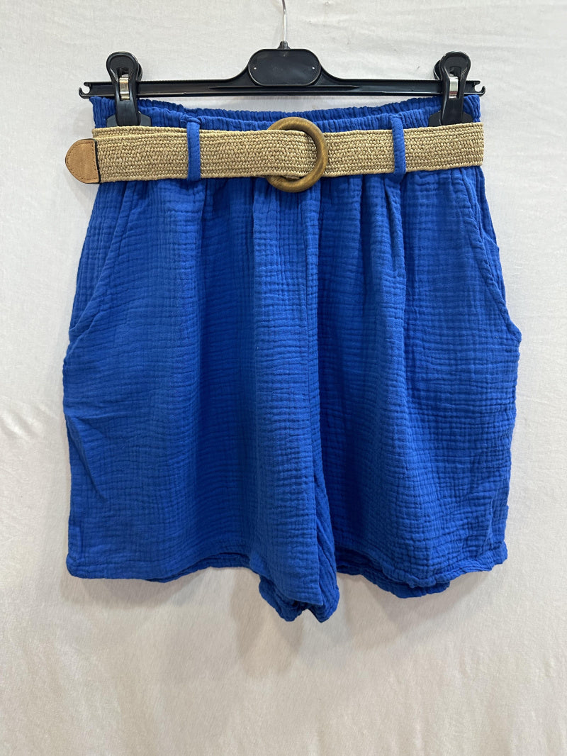 Cotton Gauze Shorts with Belt Royal Blue