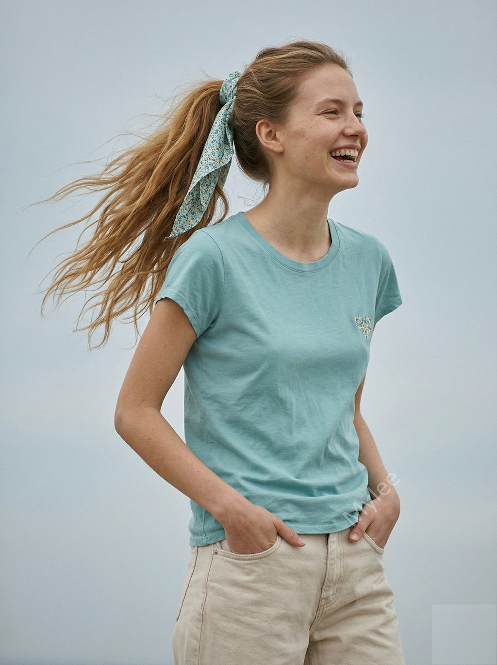 MYHPLSAM Heart Pattern T-shirt and Liberty Scarf Aqua Marine