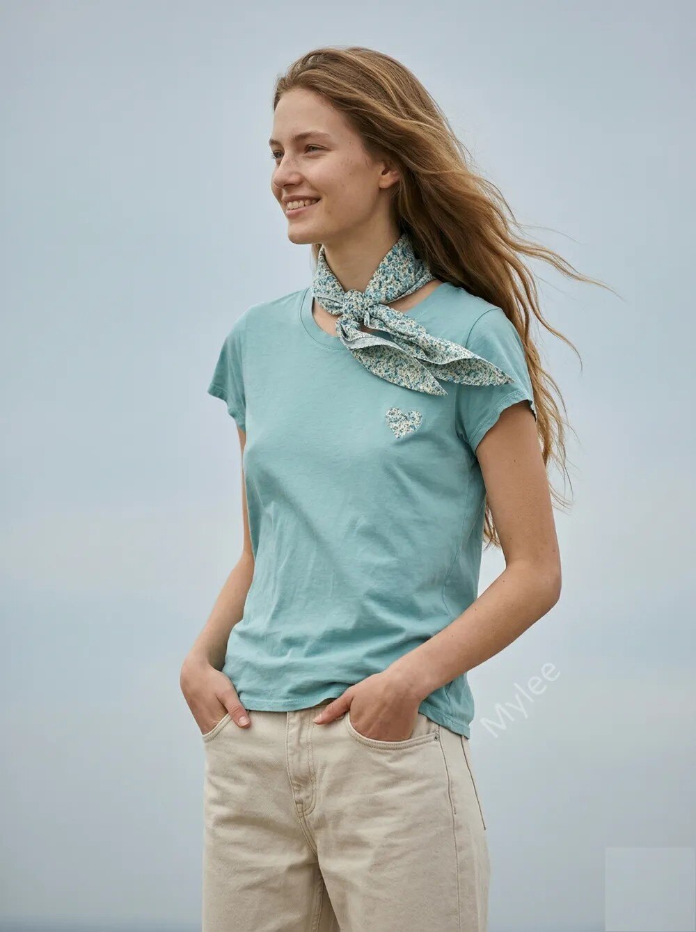 MYHPLSAM Heart Pattern T-shirt and Liberty Scarf Aqua Marine