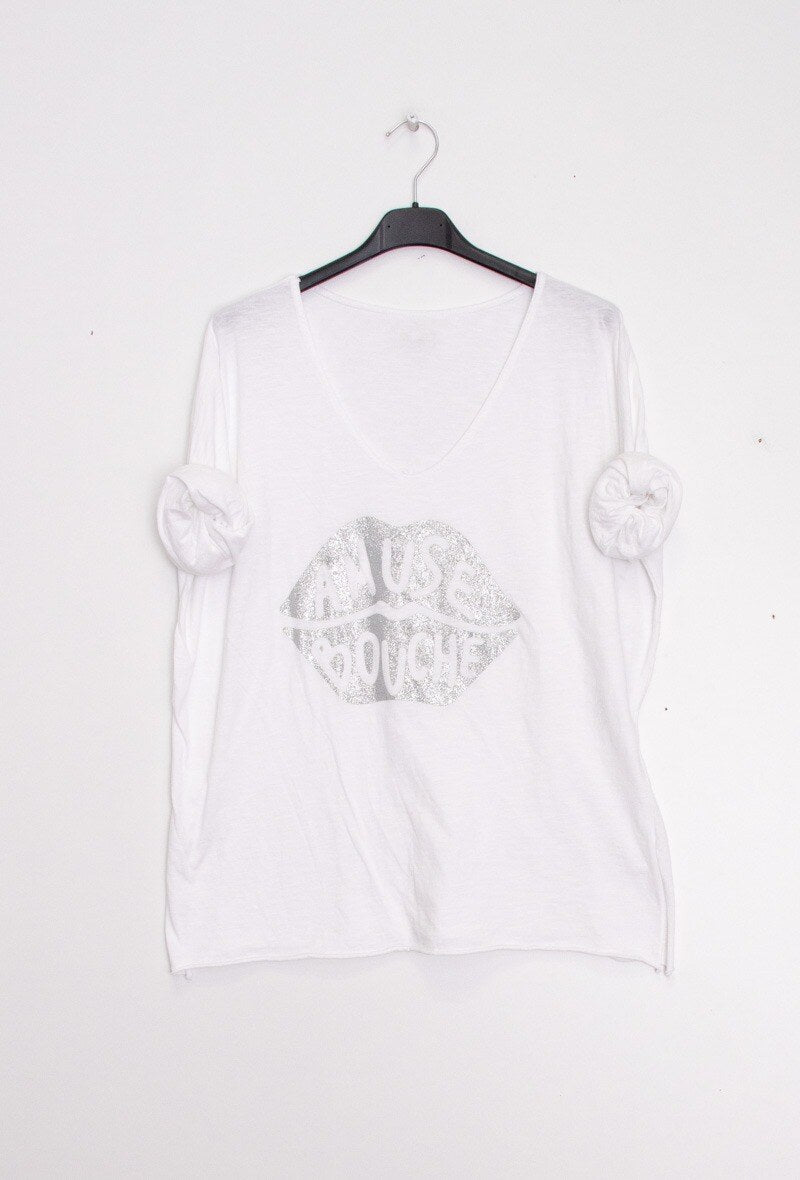MYABPFBSL T-shirt "Amuse Bouche" Sequined White Background Silver