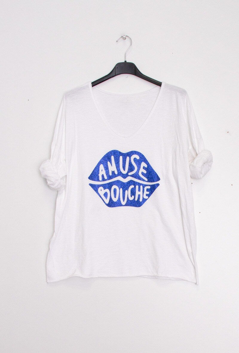 MYABPFBRB T-shirt "Amuse Bouche" Sequined White Background Royal Blue