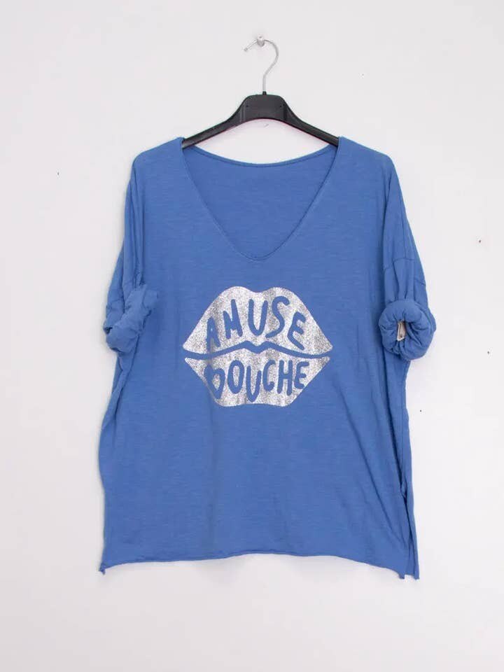 MYABPFBBL T-shirt "Amuse Bouche" Sequined White Background Blue