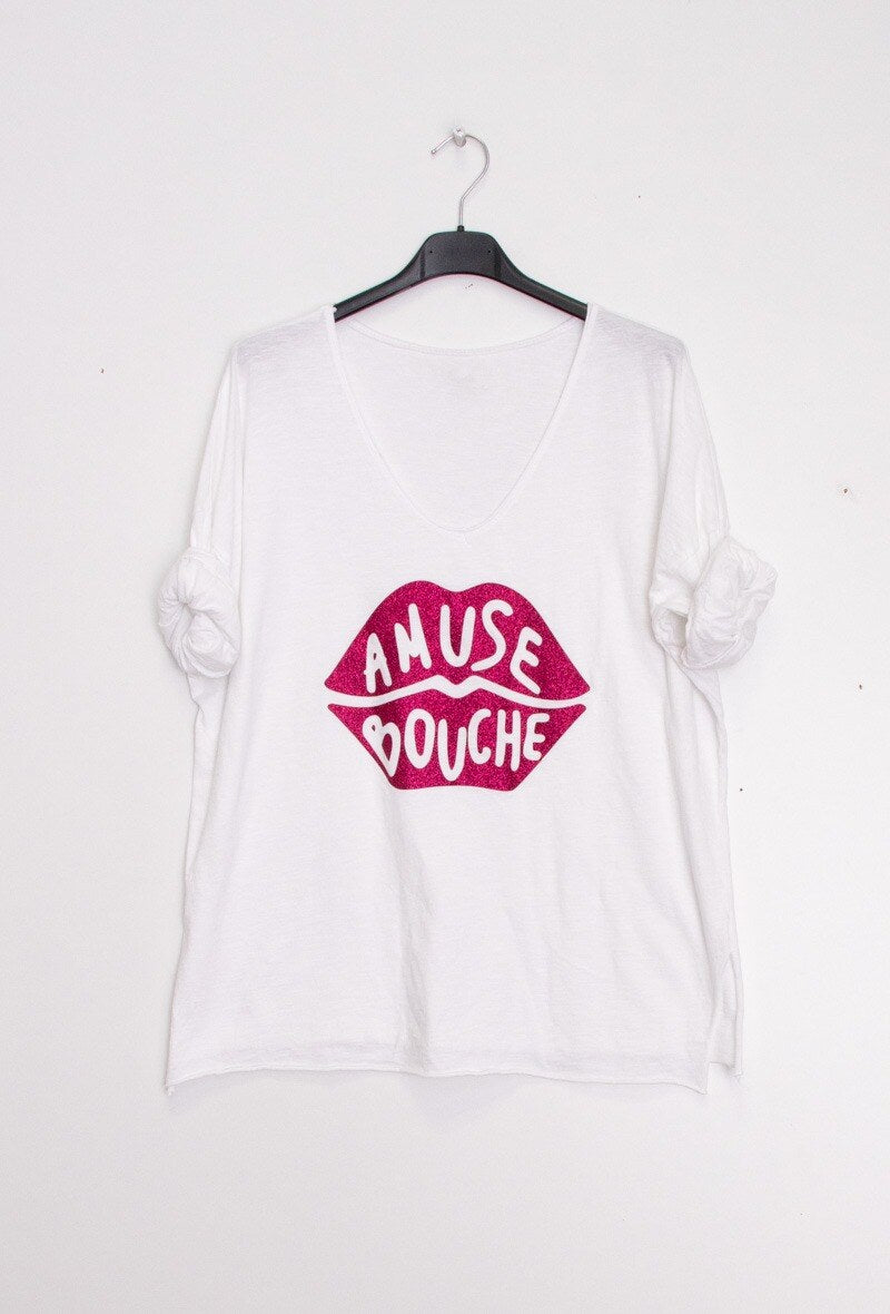 MYABPFBFU T-shirt "Amuse Bouche" Sequined White Background Fuchsia