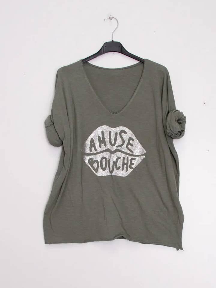 MYABPFBKK T-shirt "Amuse Bouche" Sequined White Background Kaki