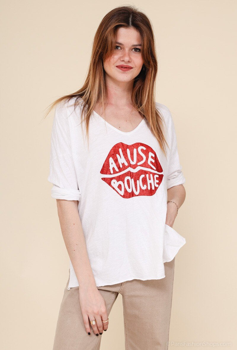MYABPFBR T-shirt "Amuse Bouche" Sequined White Background Red