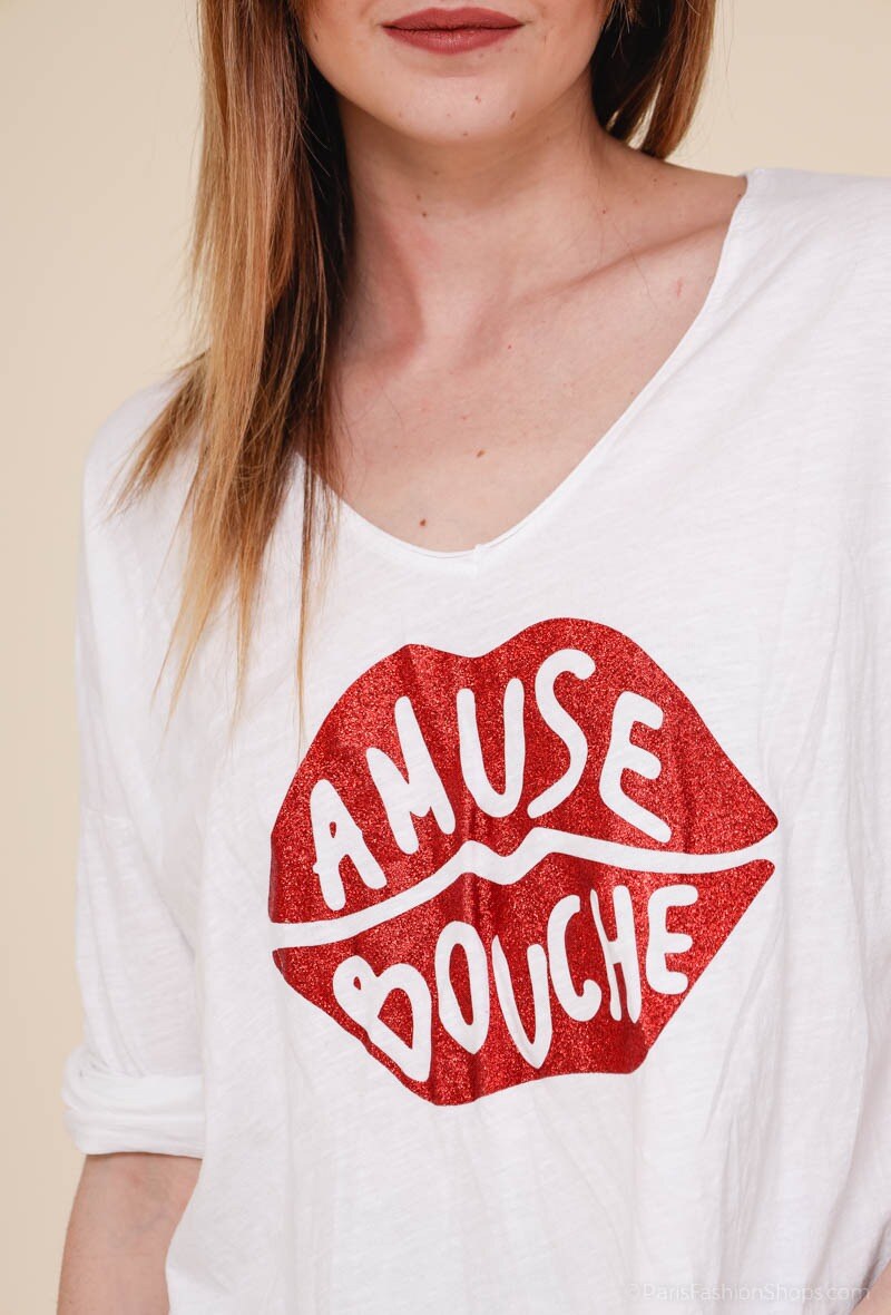 MYABPFBR T-shirt "Amuse Bouche" Sequined White Background Red