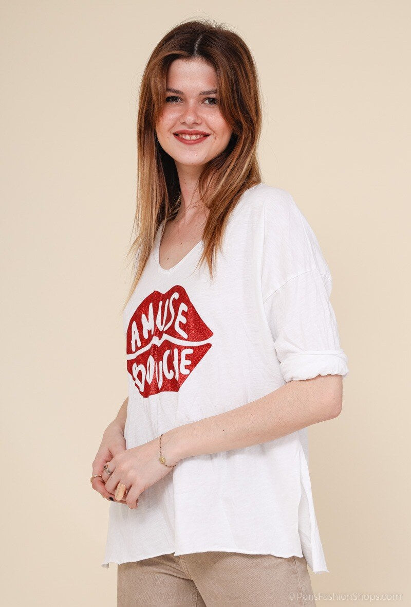 MYABPFBR T-shirt "Amuse Bouche" Sequined White Background Red