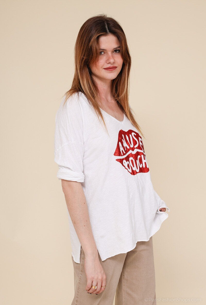 MYABPFBR T-shirt "Amuse Bouche" Sequined White Background Red