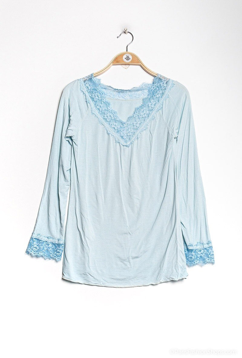 MYLSLTSB Long Sleeve Lace Top Sky Blue