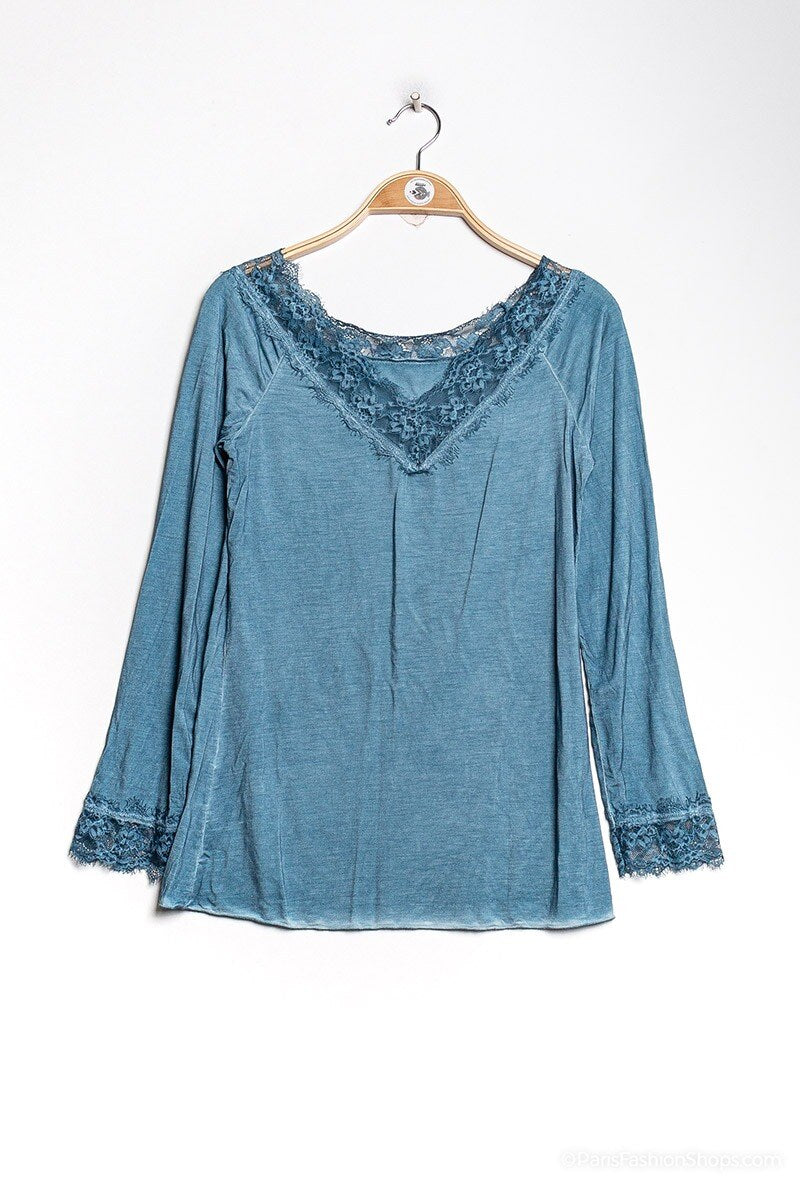 MYLSLTPB Long Sleeve Lace Top Petrol Blue