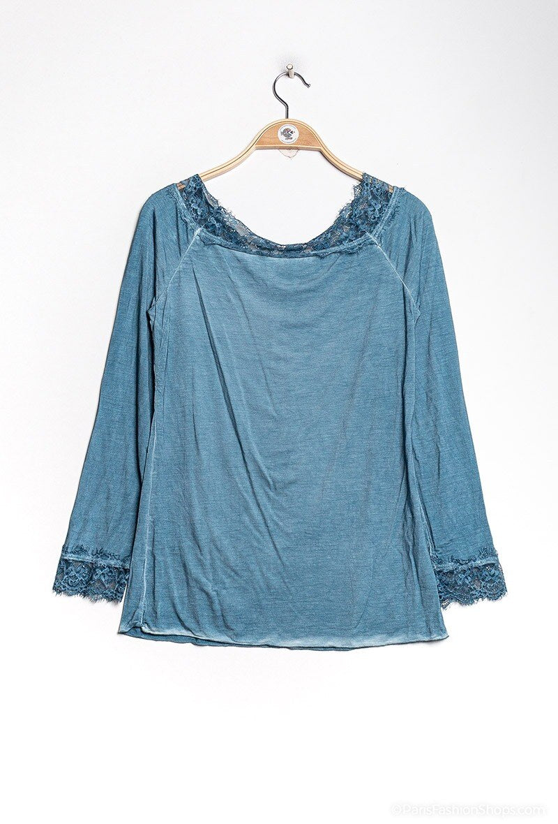 MYLSLTPB Long Sleeve Lace Top Petrol Blue