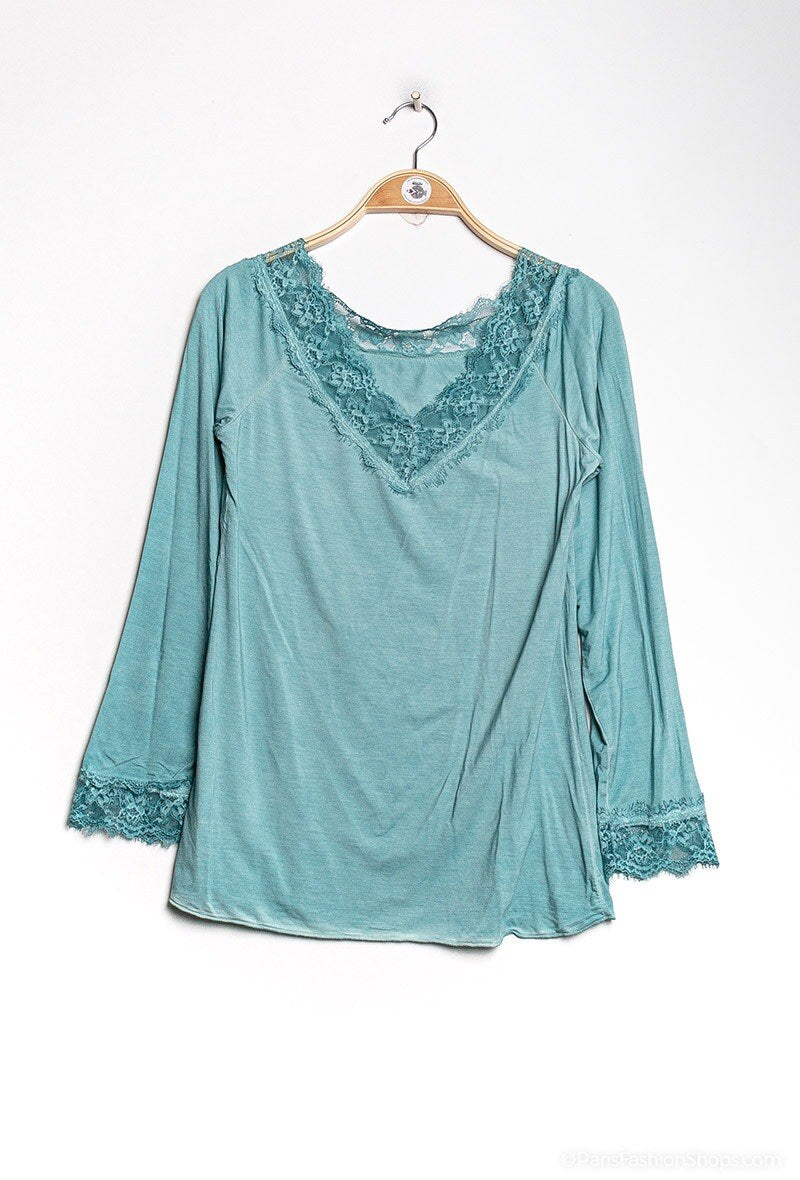 MYLSLTCE Long Sleeve Lace Top Celadon