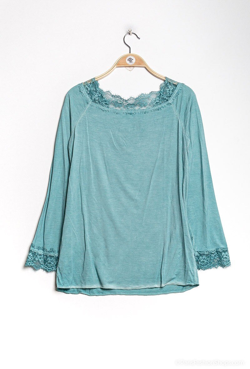 MYLSLTCE Long Sleeve Lace Top Celadon