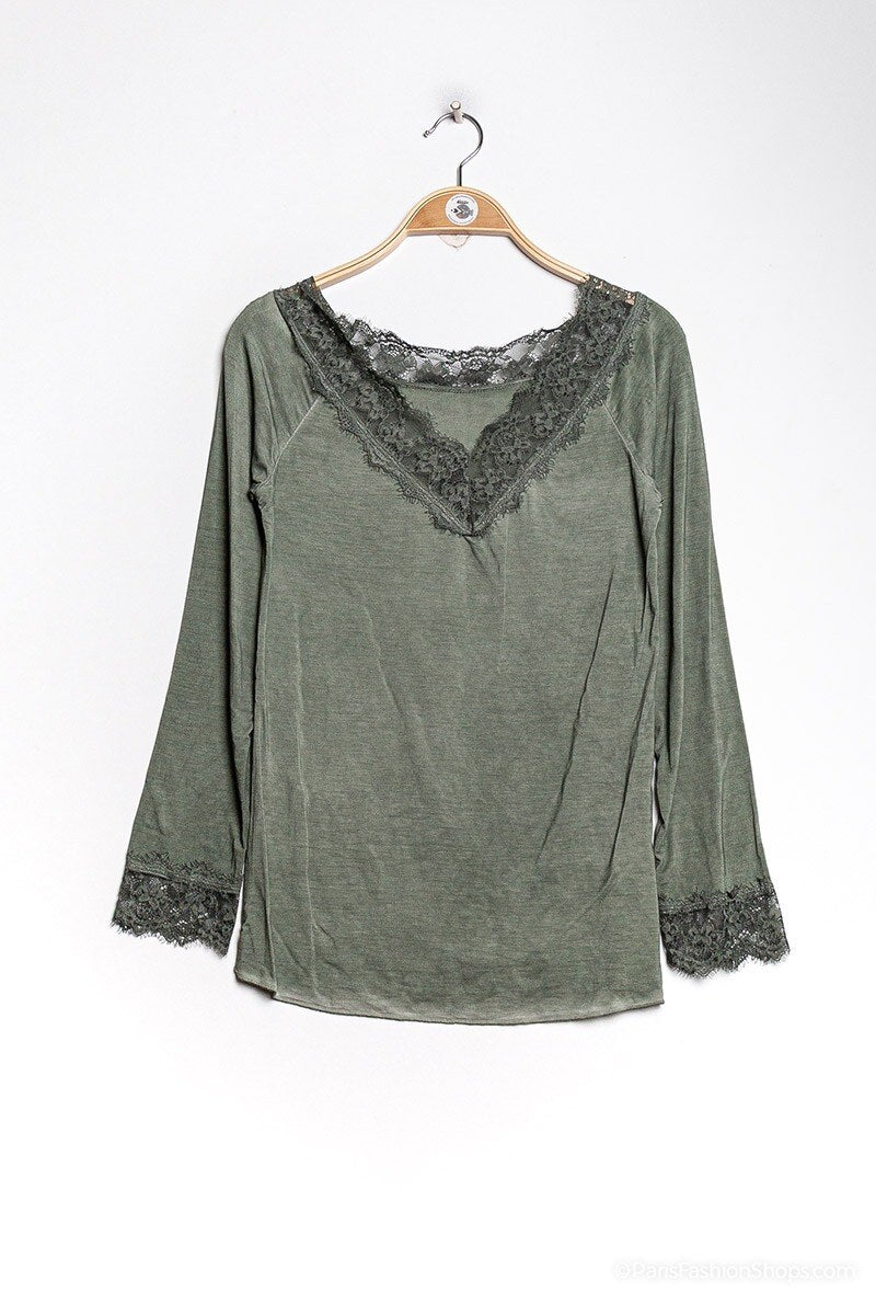 MYLSLTKK Long Sleeve Lace Top Kaki