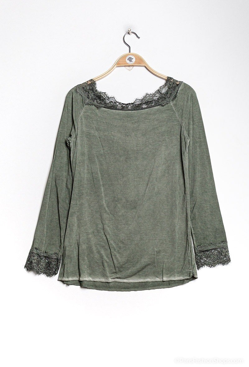 MYLSLTKK Long Sleeve Lace Top Kaki