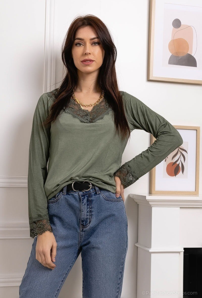 MYLKK T-shirt with lace Kaki