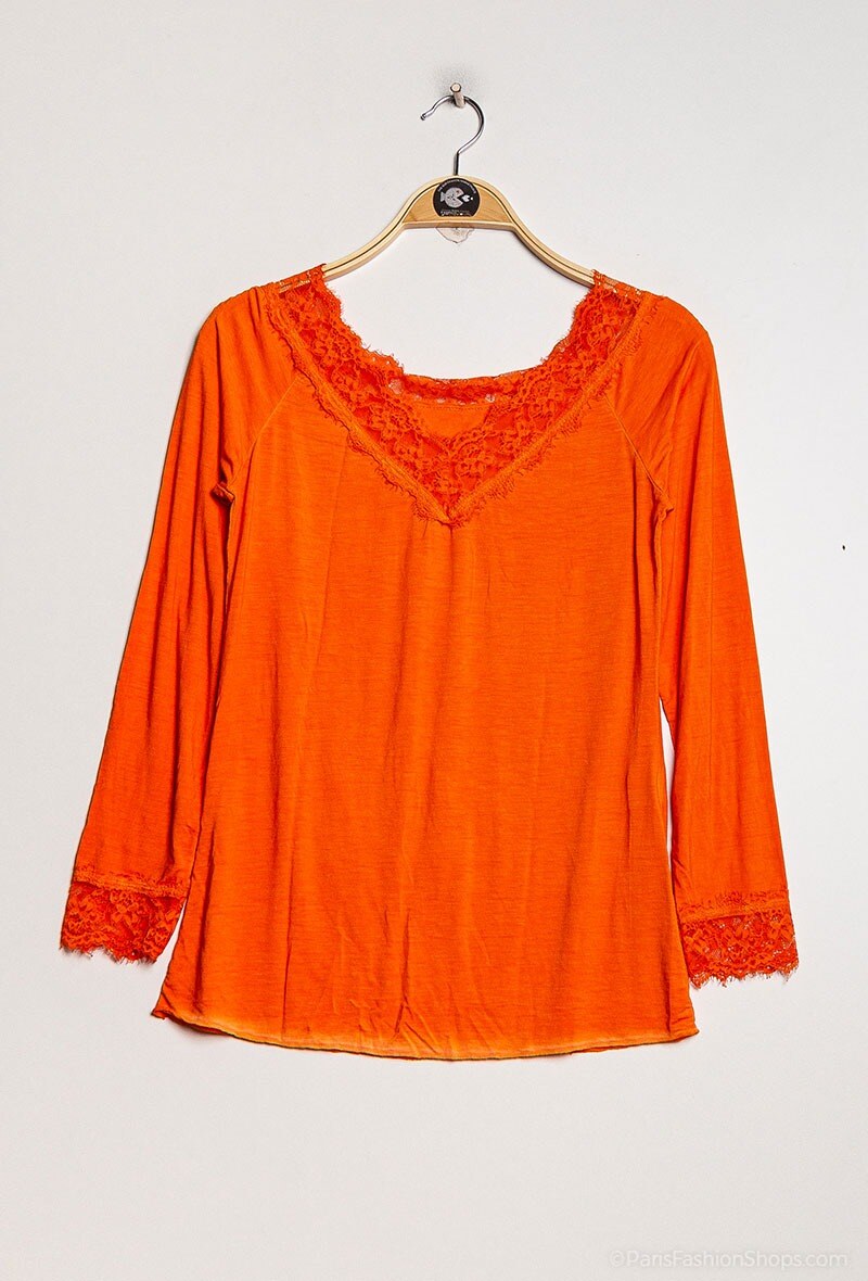 MYLSLTOR Long Sleeve Lace Top Orange