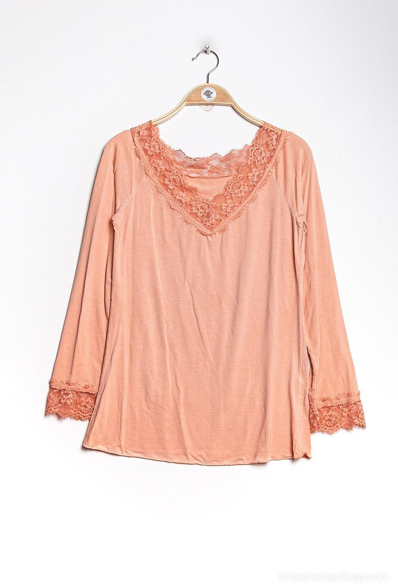 MYLSLTSA Long Sleeve Lace Top Salmon