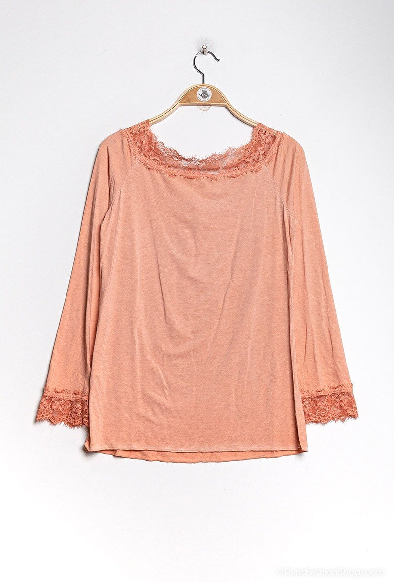 MYLSLTSA Long Sleeve Lace Top Salmon
