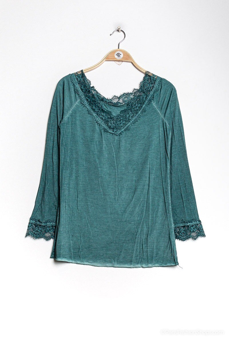 MYLSLTBTG Long Sleeve Lace Top Bottle green