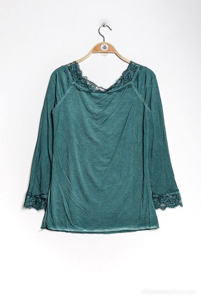 MYLSLTBTG Long Sleeve Lace Top Bottle green