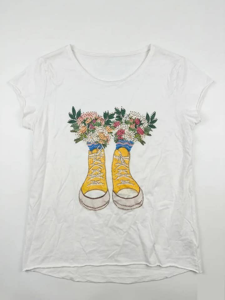 MYWFSPRW White T-shirt with Floral Sneaker Print and Rhinestones White