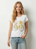 MYWYBRW White T-shirt with Yellow Bicycle and Rhinestones White