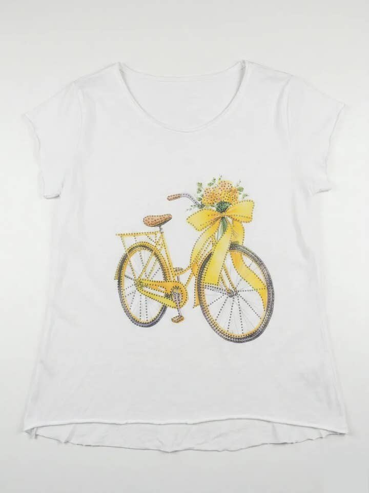 MYWYBRW White T-shirt with Yellow Bicycle and Rhinestones White