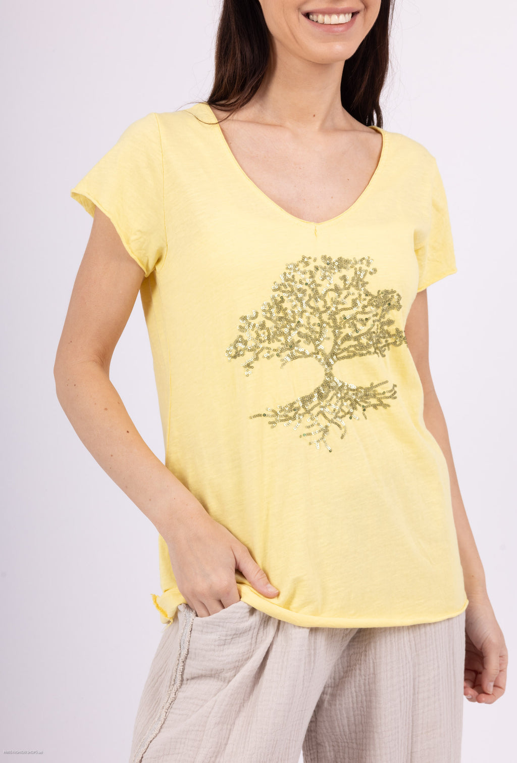 MYEGTY T-shirt embroidered with glitter tree Yellow