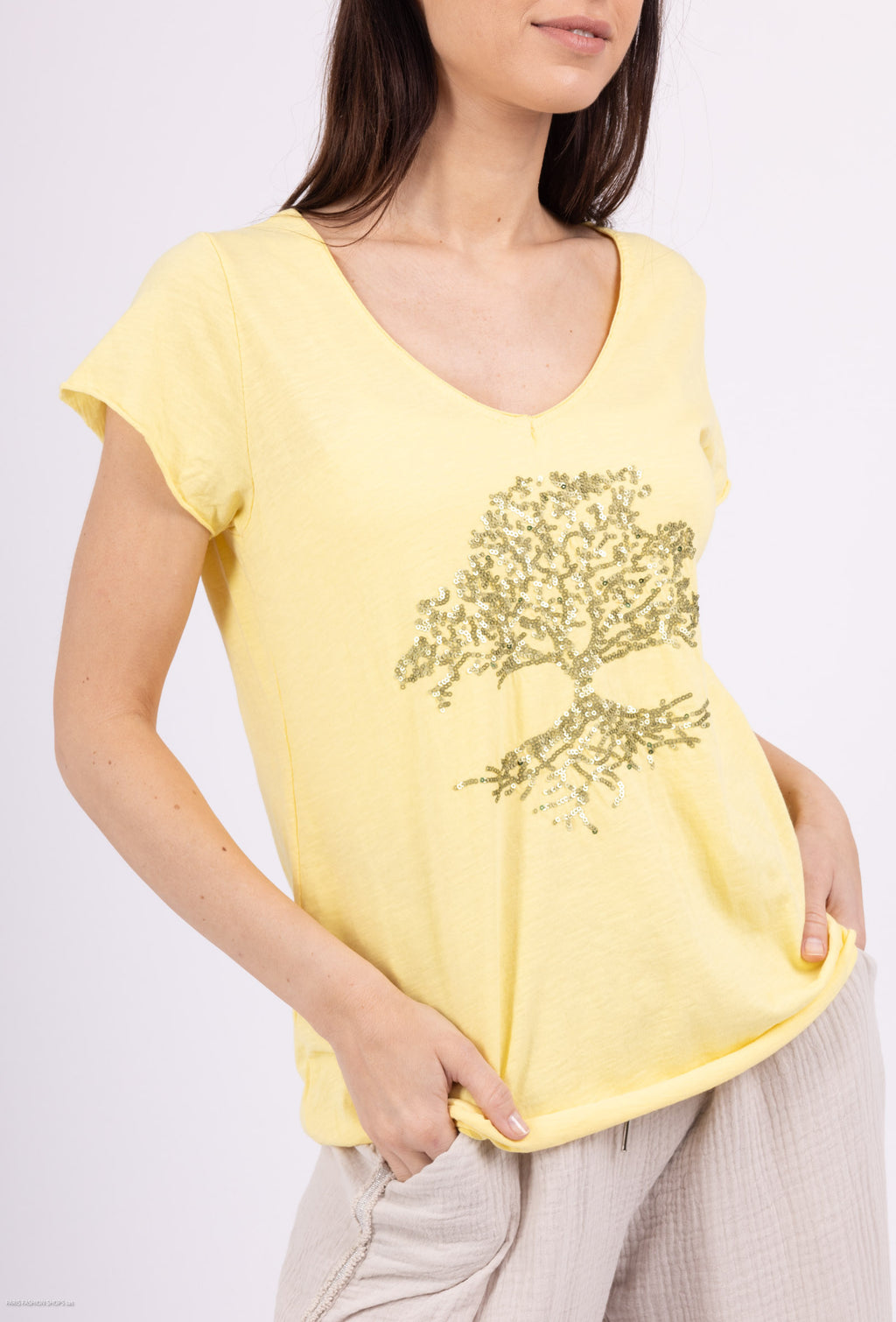 MYEGTY T-shirt embroidered with glitter tree Yellow