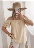 ESTTSBE Sangallo Lace Cotton T-Shirt Beige