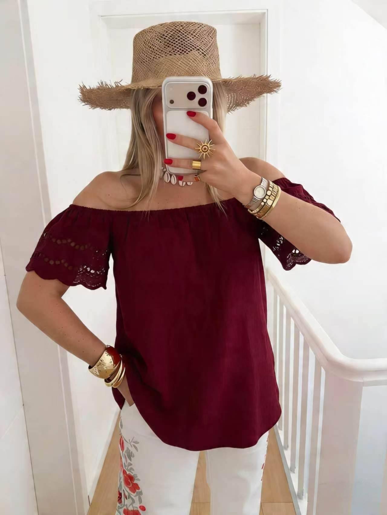 ESTTSBG Sangallo Lace Cotton T-Shirt Burgundy