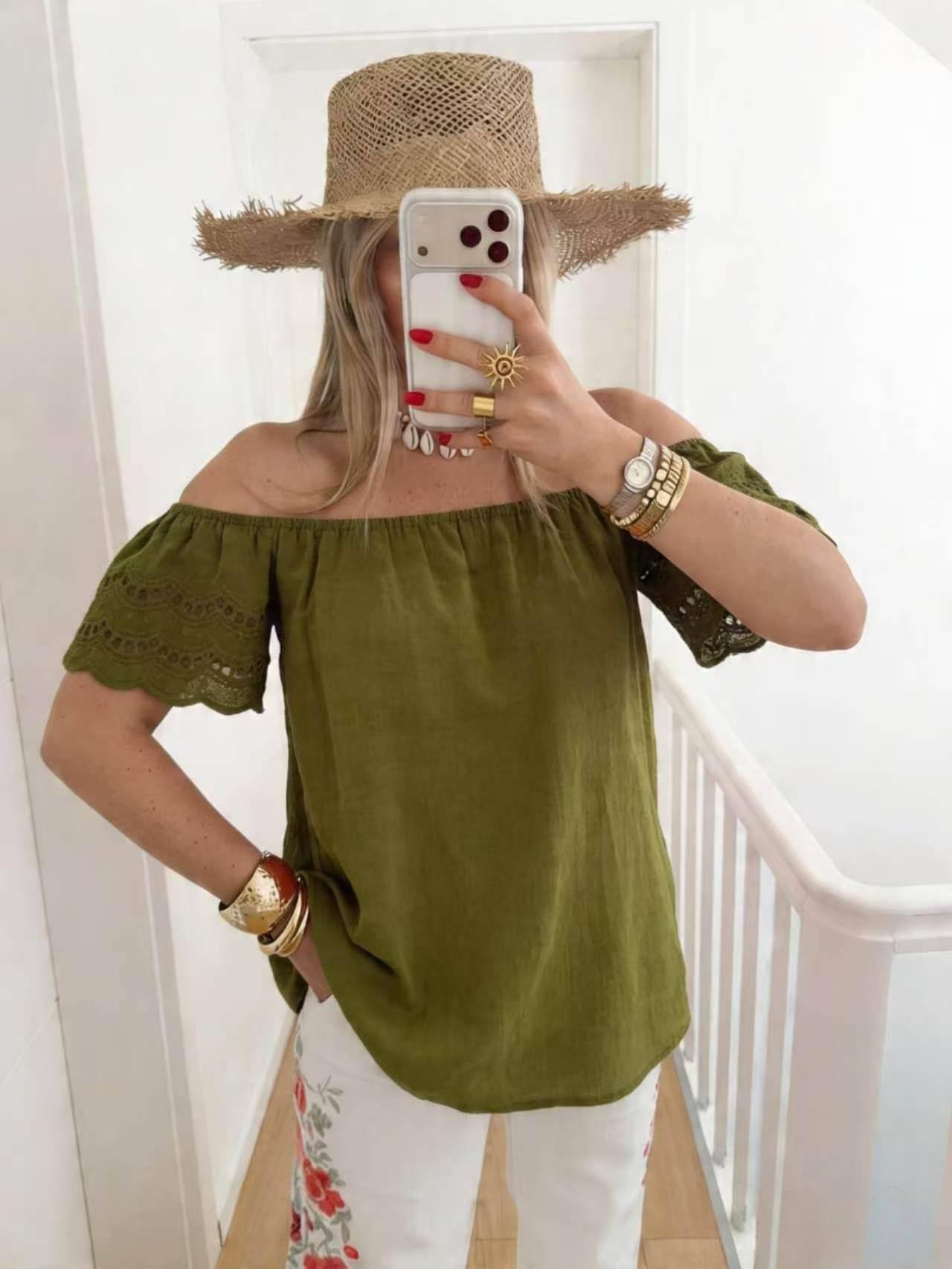 ESTTSOL Sangallo Lace Cotton T-Shirt Olive