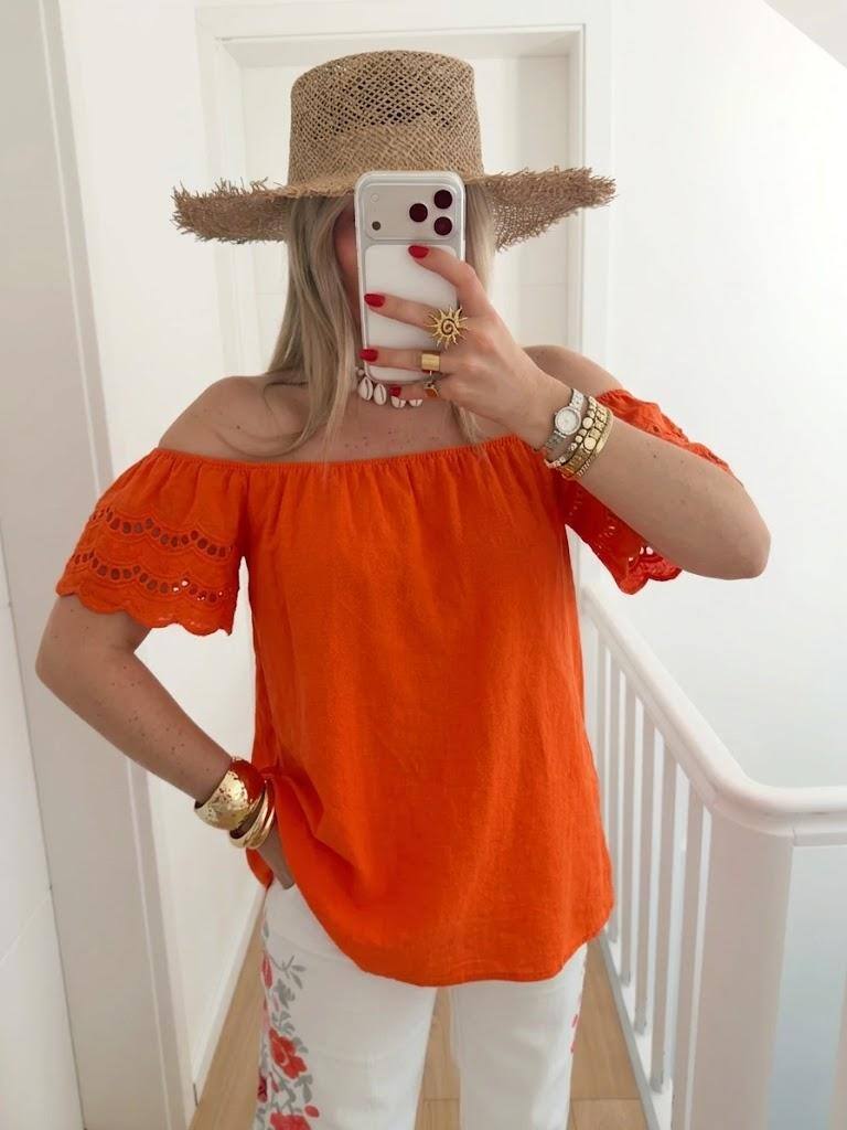 ESTTSOR Sangallo Lace Cotton T-Shirt Orange