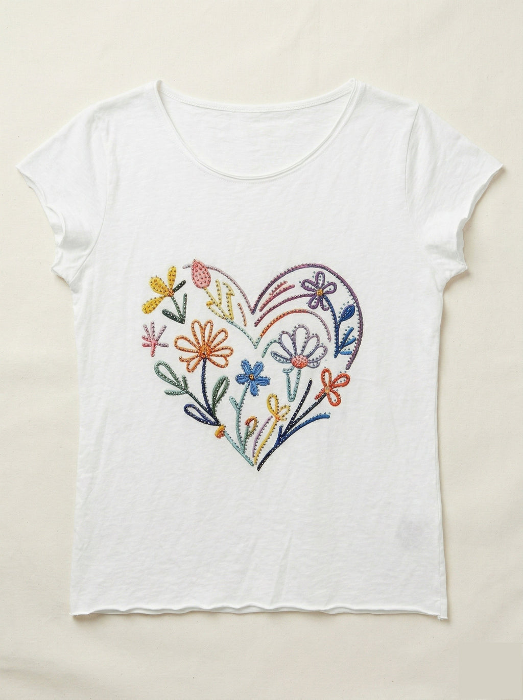 MYFHRRNW Floral Heart and Rhinestone Round Neck T-shirt White