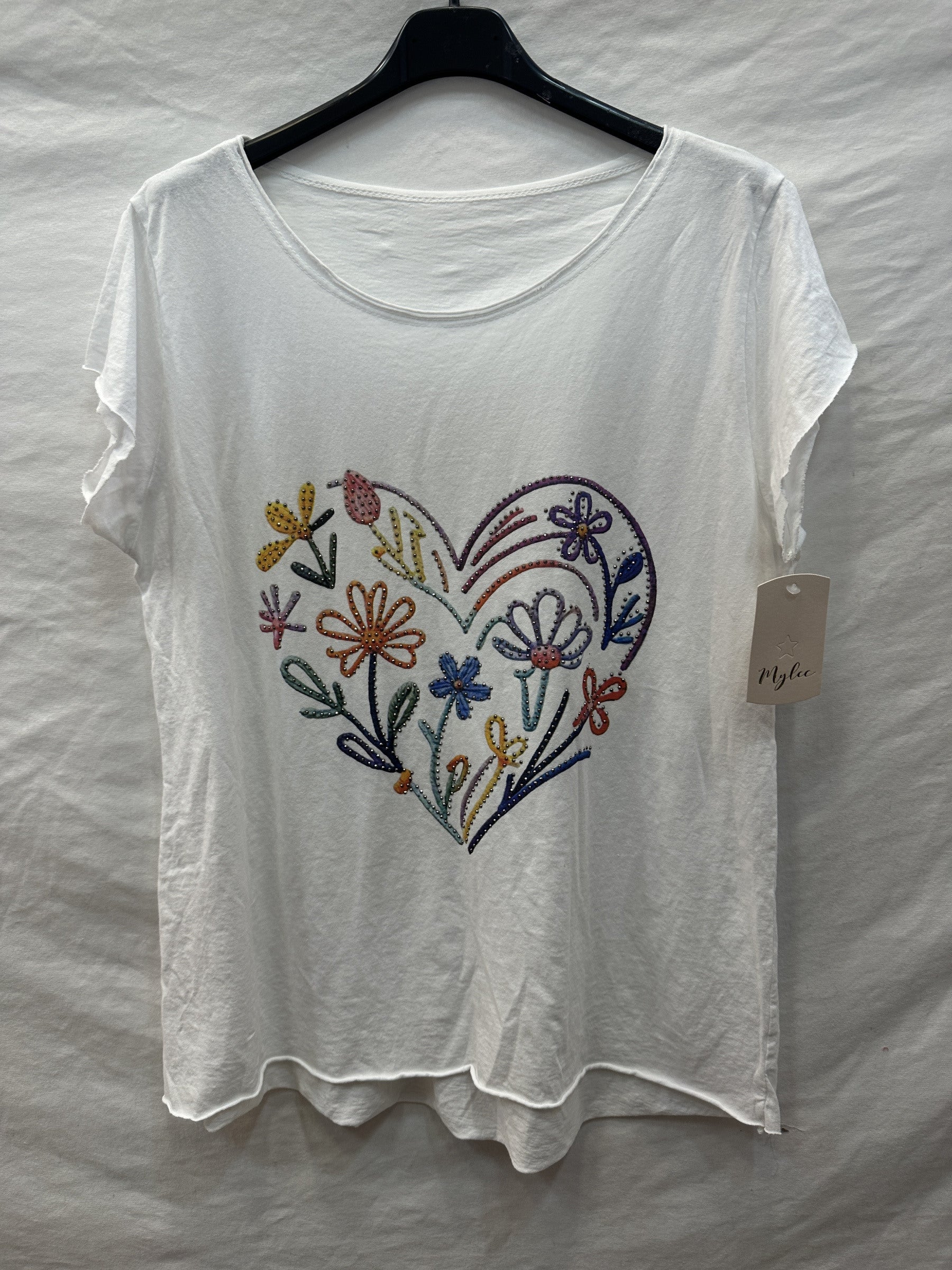 MYFHRRNW Floral Heart and Rhinestone Round Neck T-shirt White