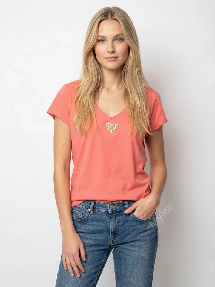 MYVLHCR V-Neck T-shirt with Liberty Heart Coral