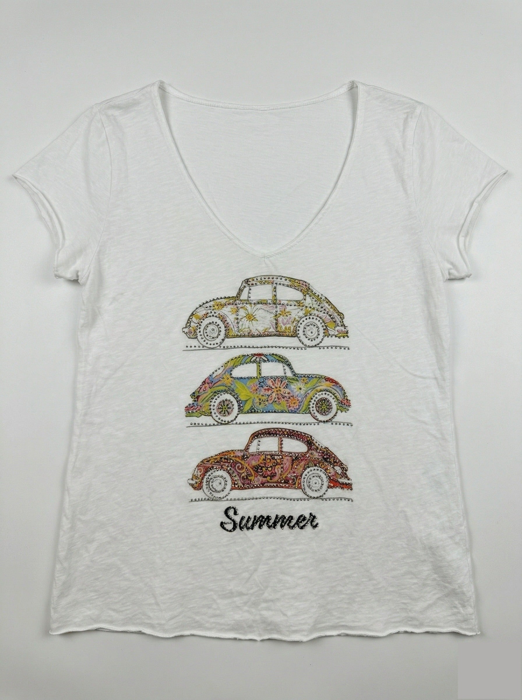 MYSCPVW "Summer Cars" Printed V-Neck T-Shirt White