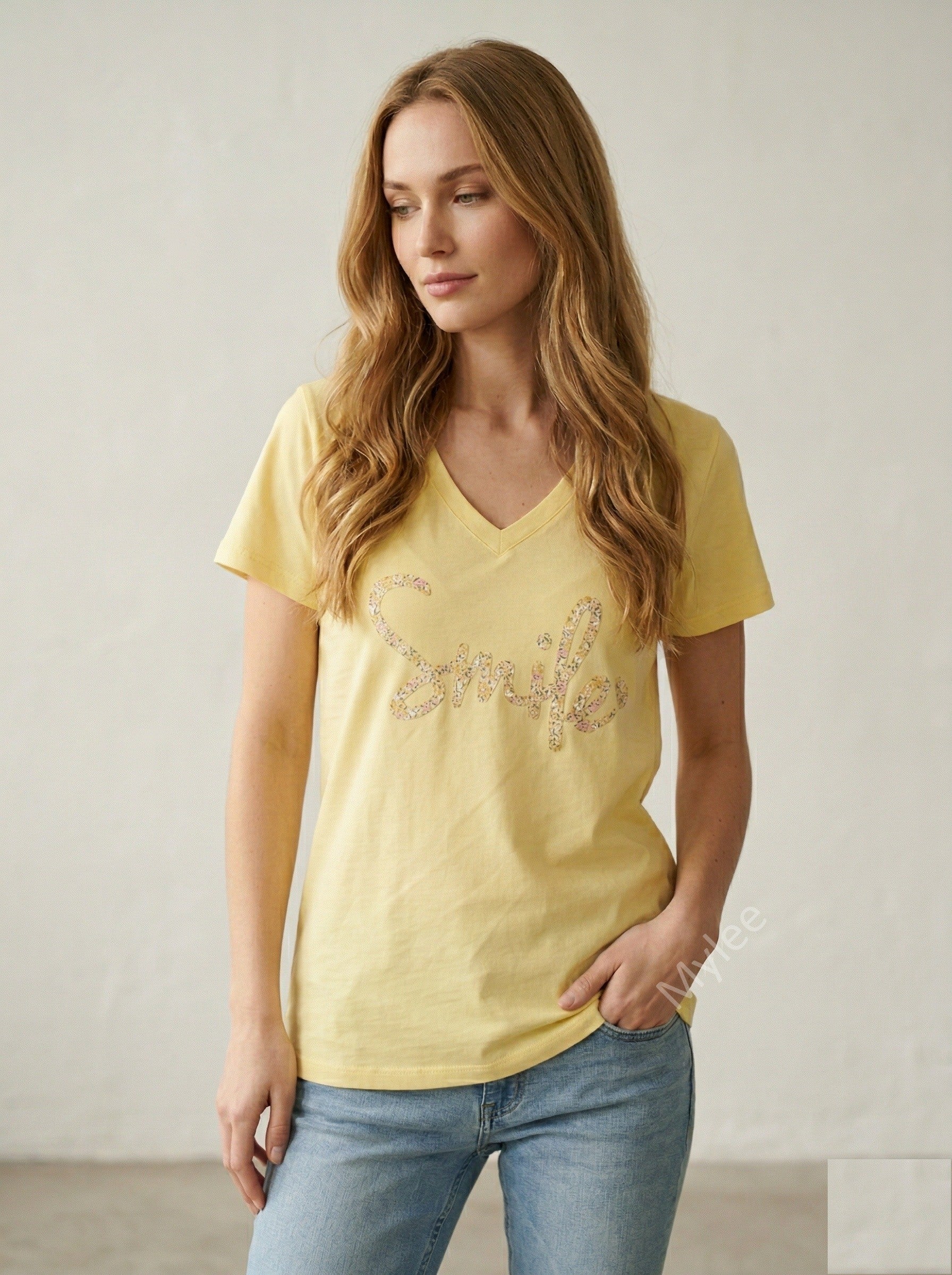 MYSVY "Smile" V-neck T-shirt Yellow