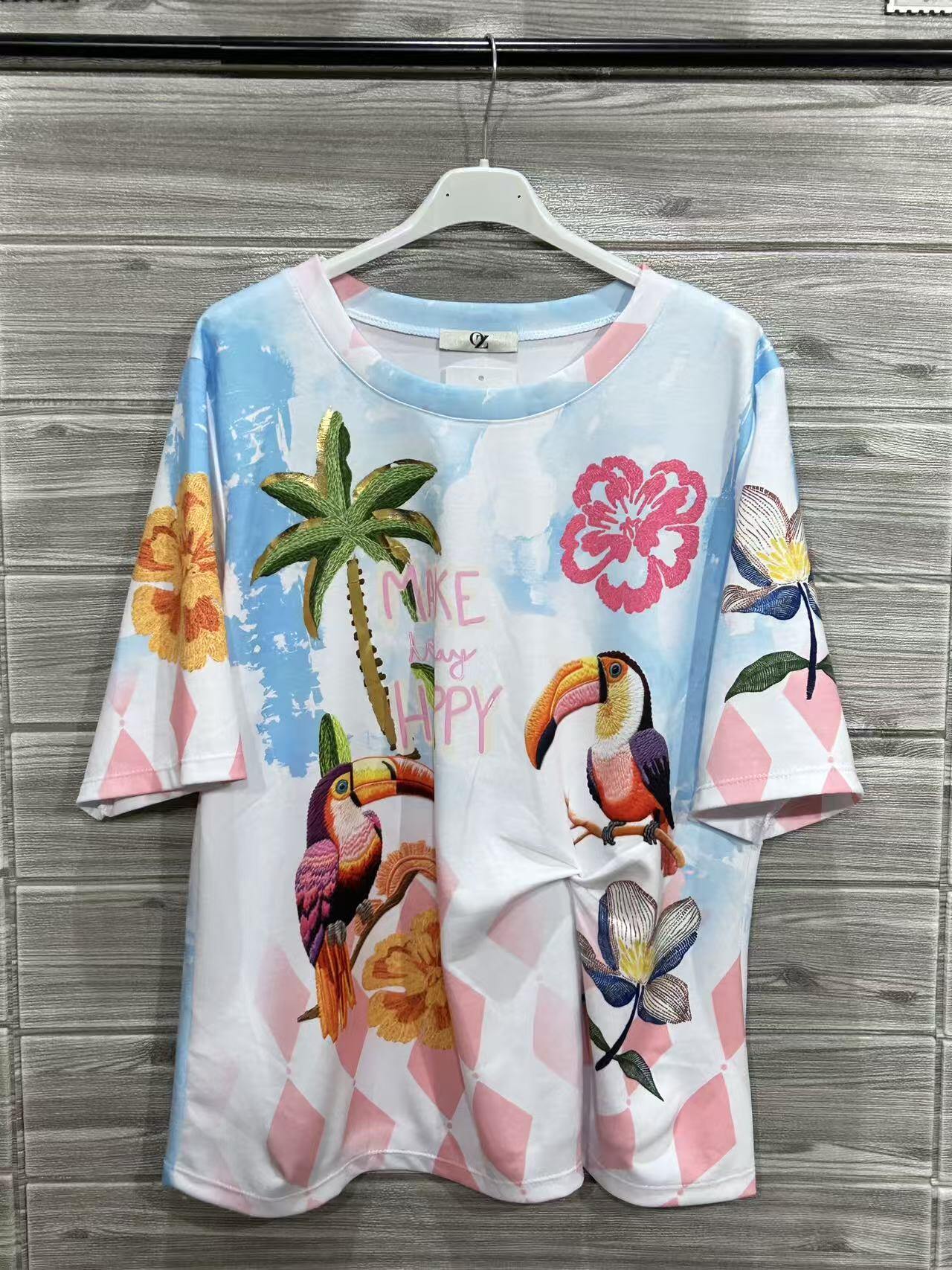 ZOT047SB All-Over Floral Cotton T-Shirt Sky Blue
