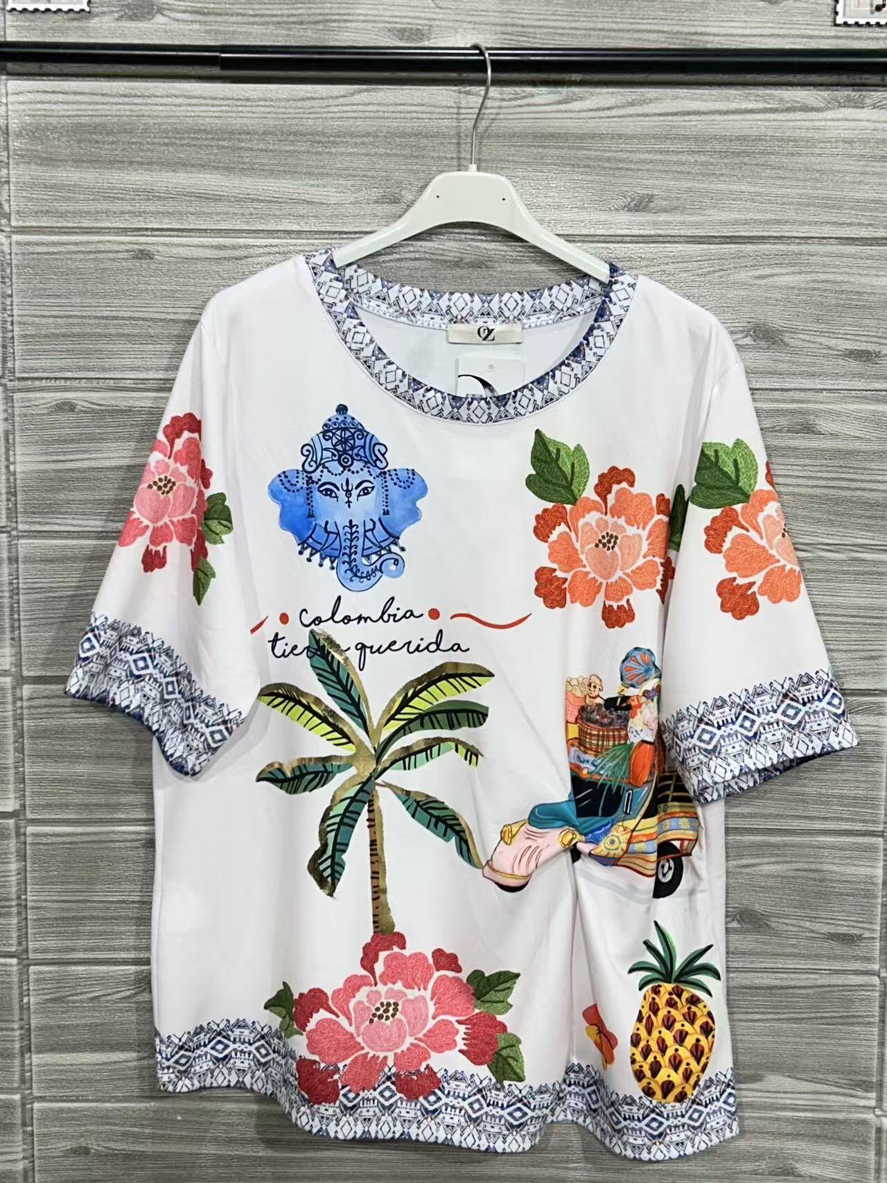 ZOT047RC All-Over Floral Cotton T-Shirt Rouge Clair