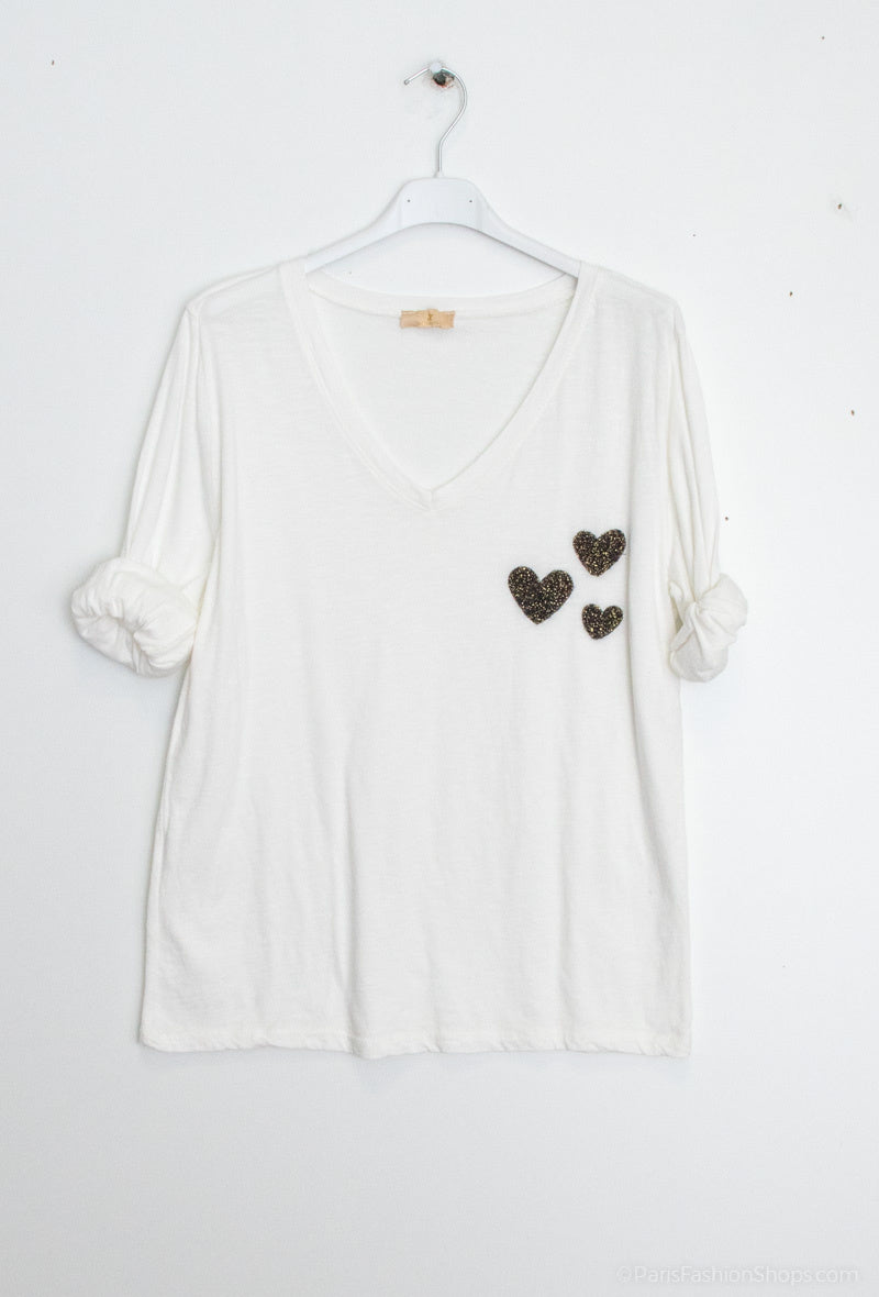 MYCTEHONV Cotton top embroidered with hearts on white background Navy