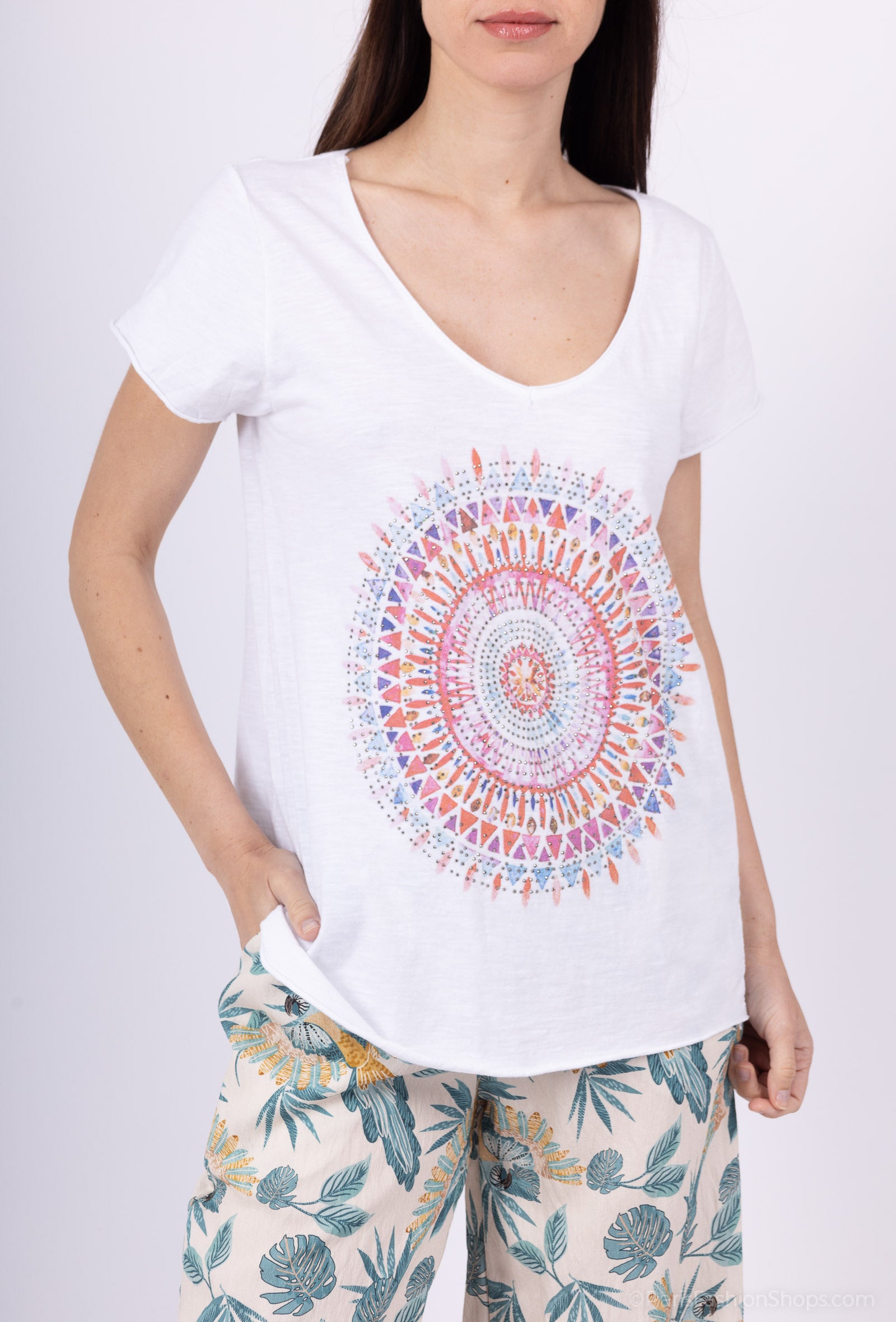 MYCPMRW Cotton t-shirt printed with mandalas rhinestones White